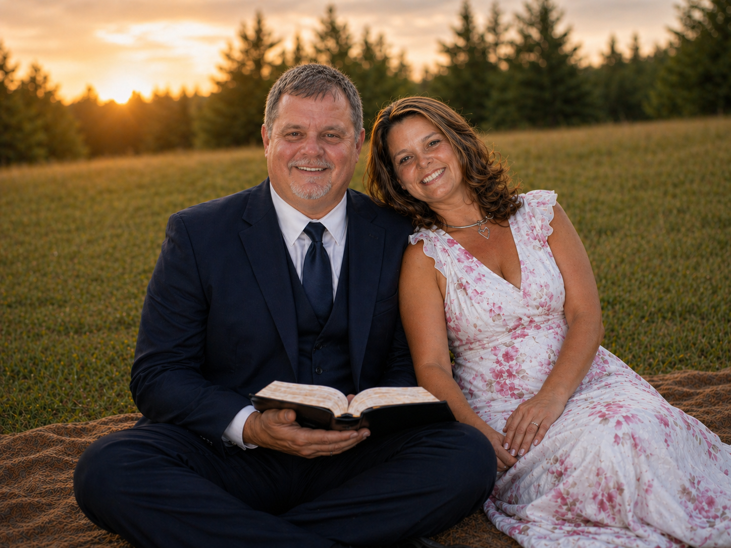 Neil and Amber from Prayer Harbor sitting together with Bible representing Christian faith prayer and community leadership