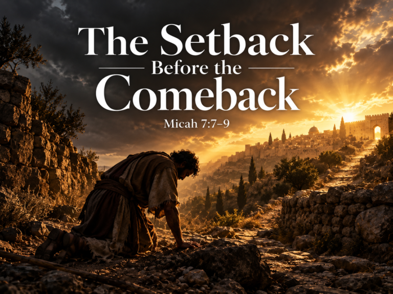 The Setback Before the Comeback sermon graphic based on Micah 7:7–9 showing a fallen man rising toward light and hope.